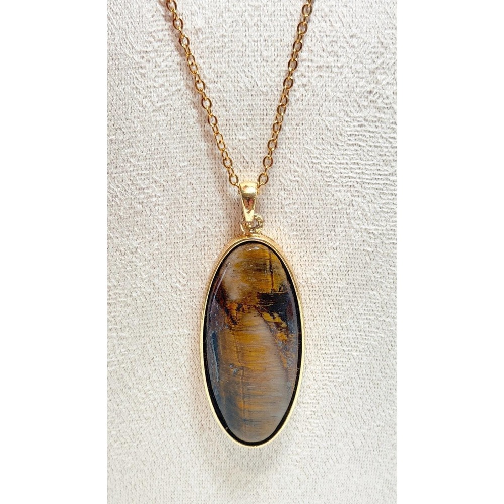 Natural Tiger's Eye Oval Pendant Necklace Gold Tone 20 Inch New Chain